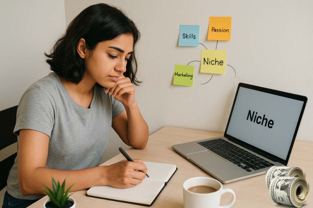 Young freelancer researching how to start freelancing in 2025 while brainstorming niche ideas with a laptop and notebook at their desk