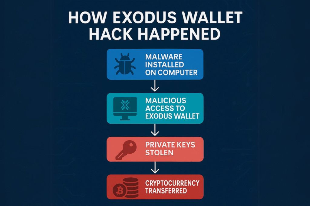 Illustration of a malware attack targeting Exodus Wallet during the 2025 hack event