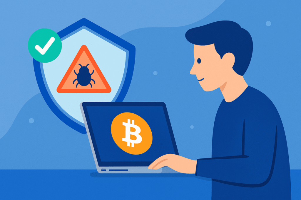 Illustration of a person using a laptop with a Bitcoin logo, next to a shield warning of malware, symbolising digital crypto protection.