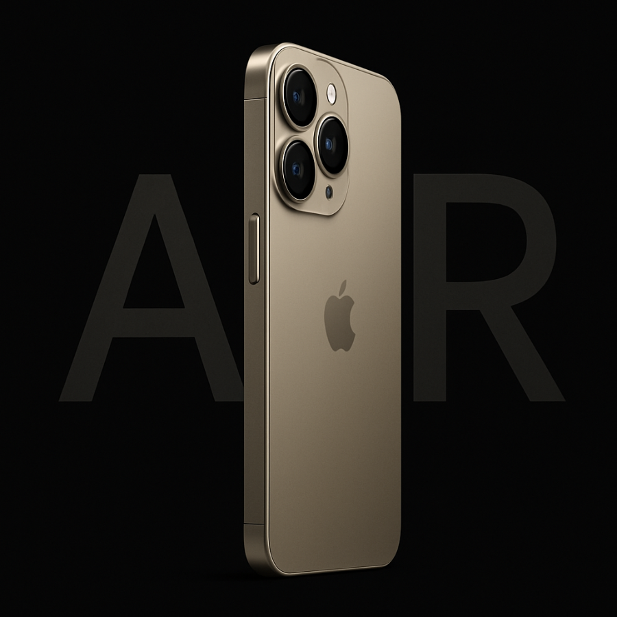 Side profile of ultra-thin iPhone 17 Air showing single-lens camera and slim design against dark background.