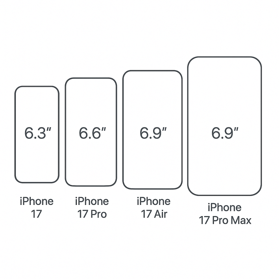 Chart showing size differences between iPhone 17, Air, Pro, and Pro Max with screen measurements in inches.