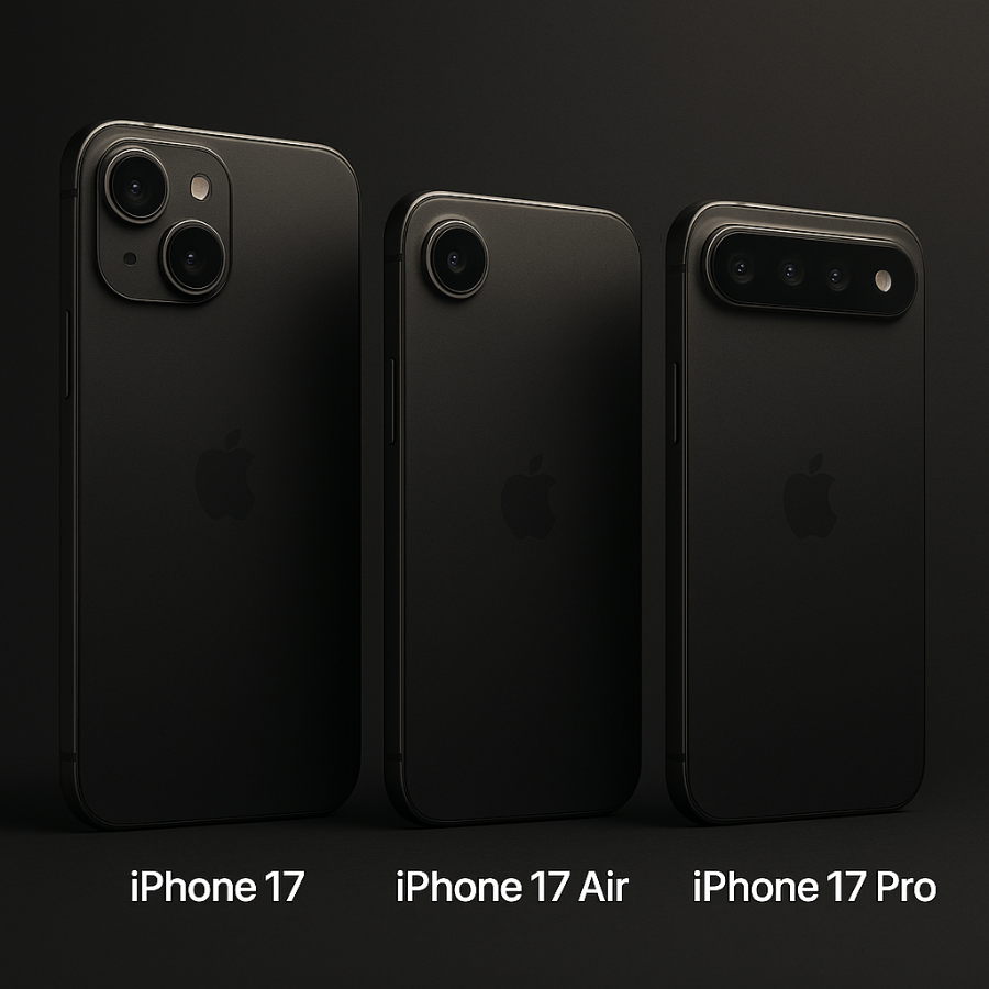 Visual comparison of camera setups for iPhone 17, 17 Air, and 17 Pro/Pro Max.