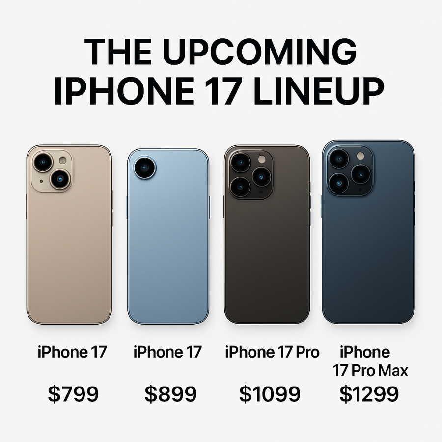 Four iPhone 17 models in a modern studio setup, showcasing iPhone 17, iPhone 17 Air, iPhone 17 Pro, and iPhone 17 Pro Max standing side-by-side with distinct size and camera differences.
