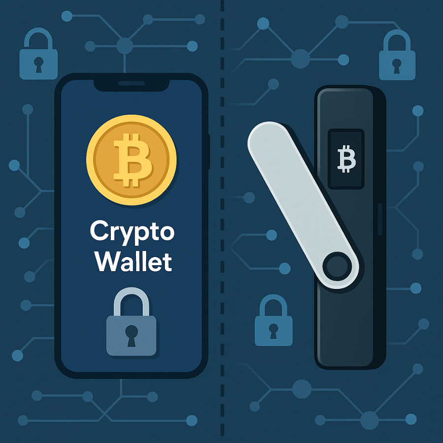 Graphic comparing mobile and hardware crypto wallets for beginners
