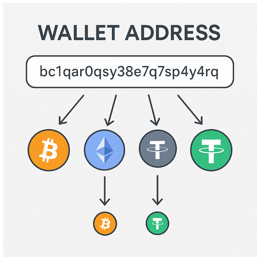Wallet address graphic showing crypto deposit from Bitcoin and Ethereum