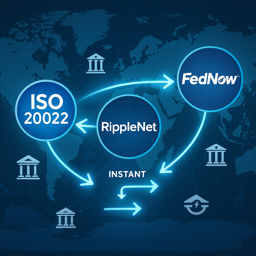 RippleNet connected with ISO 20022 and FedNow in 2025 global payments map.