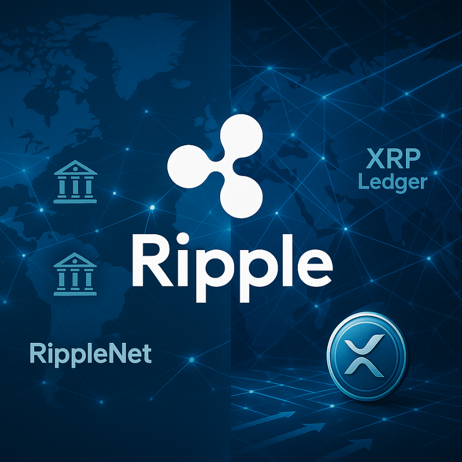 RippleNet and XRP Ledger technology visual with banks and transaction paths.