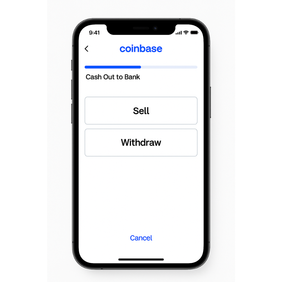 Coinbase app interface showing crypto withdrawal to fiat