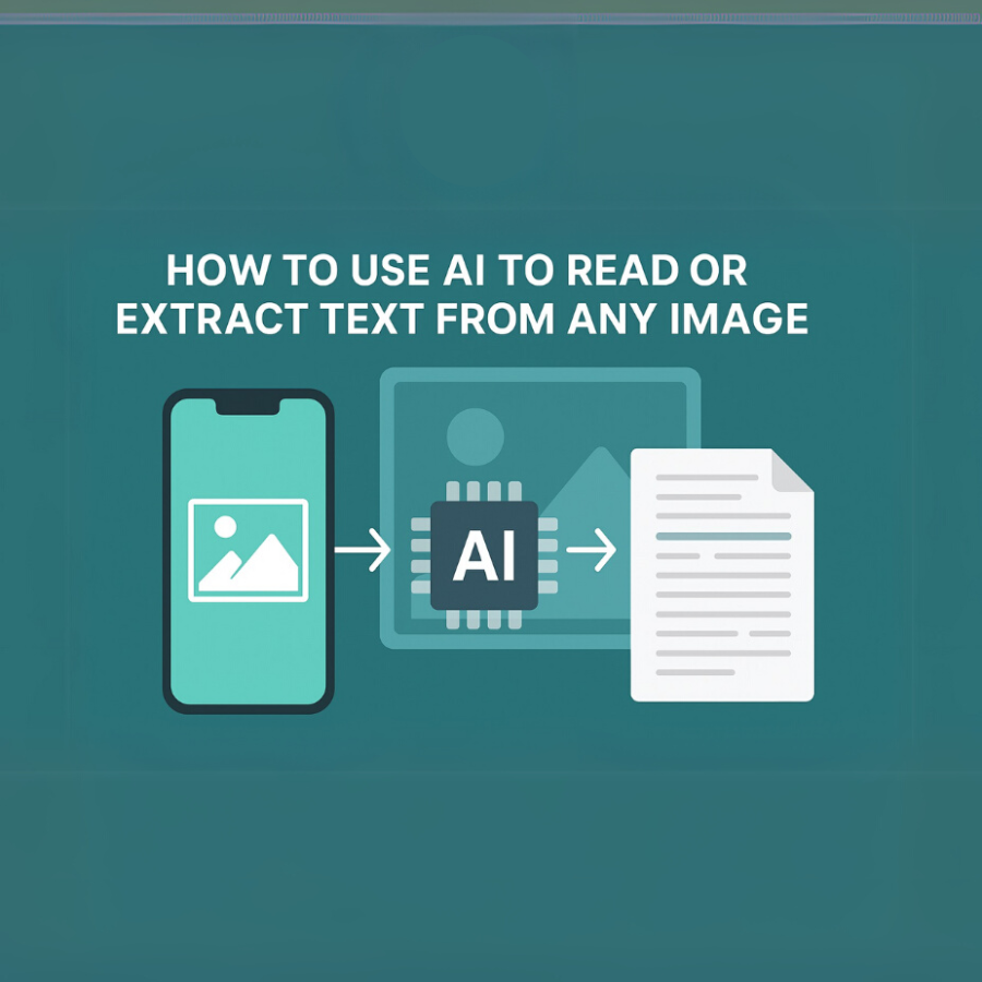 Illustration of AI extracting text from an image, showing a smartphone, AI chip, and document flow with the title “How to Use AI to Read or Extract Text from Any Image.”