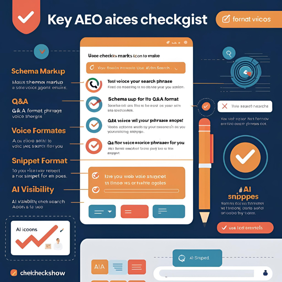 Checklist graphic with steps to optimize for AEO using schema, Q&A, snippets