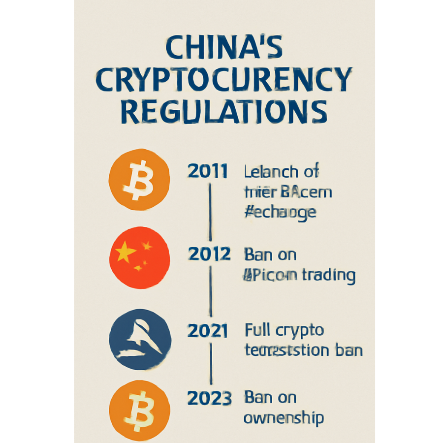  A timeline graphic showing key milestones in China’s cryptocurrency regulations, from the first exchange in 2011 to the 2025 ban.