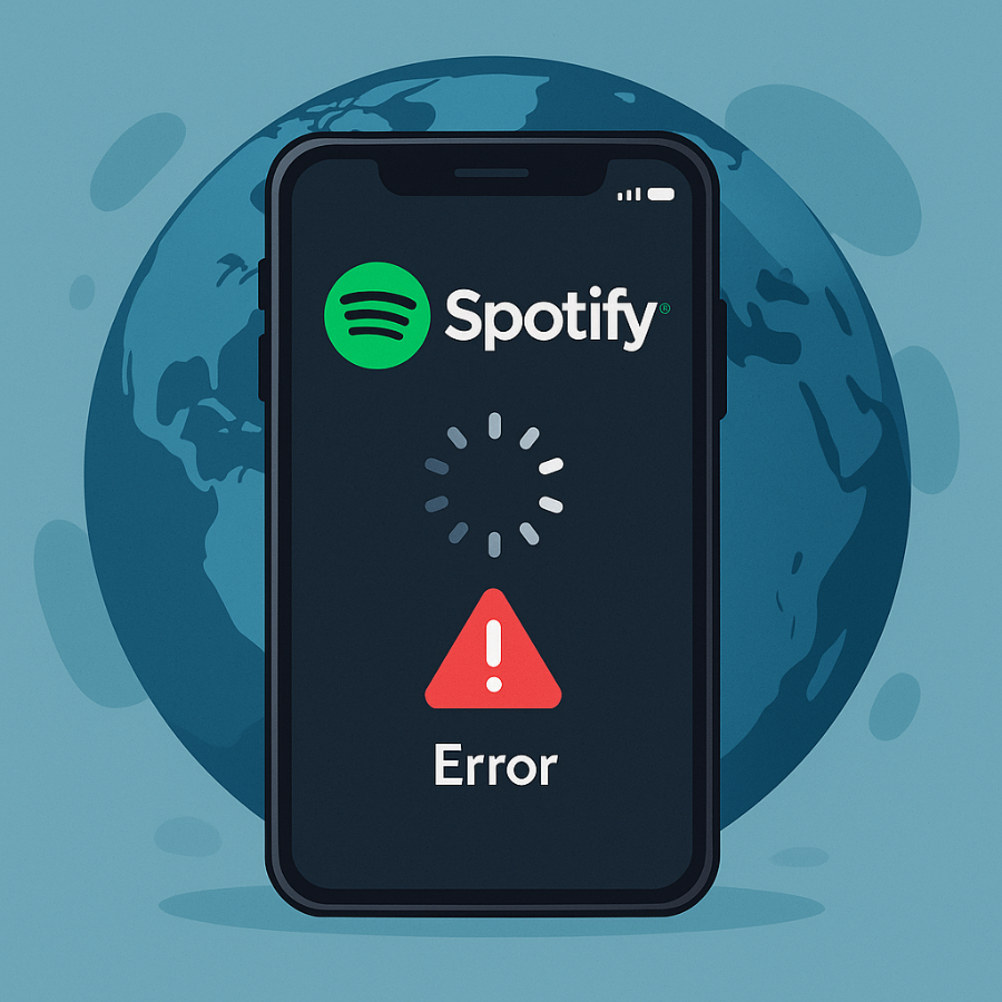 Spotify app showing error message and loading issue on smartphone.