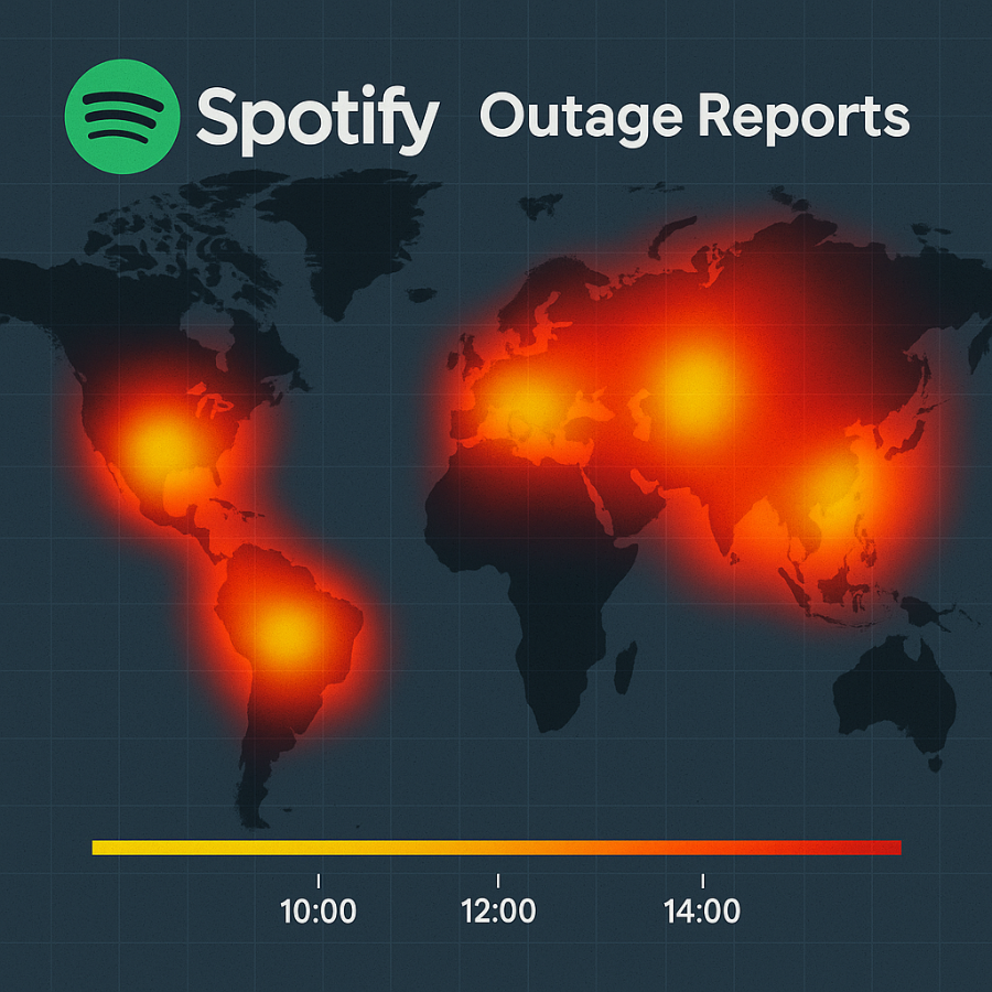 Is Spotify down heatmap showing global outage zones in red.