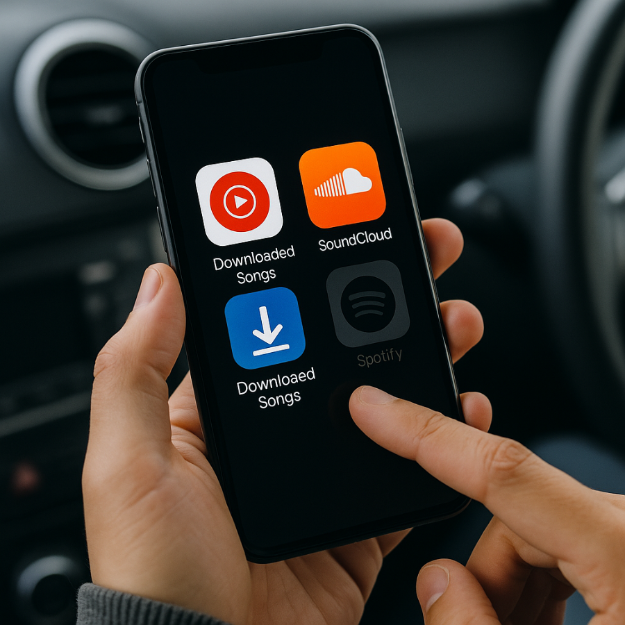 Person using phone with YouTube Music, SoundCloud, and downloaded songs app icons while Spotify is grayed out or unavailable.