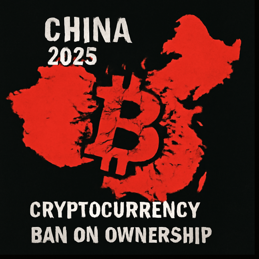 A bold infographic depicting China’s 2025 ban on Bitcoin ownership, showing a broken Bitcoin symbol inside a red map of China