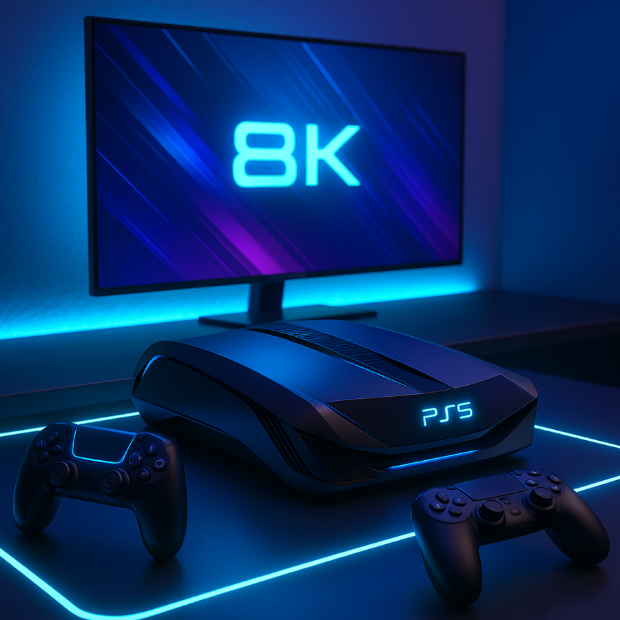 "Futuristic Sony PS6 console setup with 8K gaming display"