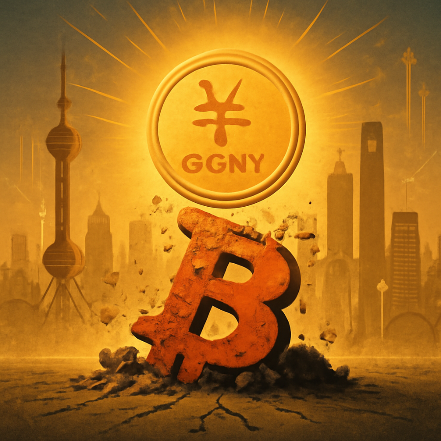  An illustration showing China’s digital yuan rising above a collapsing Bitcoin symbol, symbolizing the push for the state-backed digital currency.