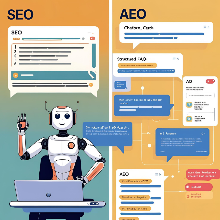 Illustration comparing SEO with keyword optimization and AEO with AI chatbot-friendly answers