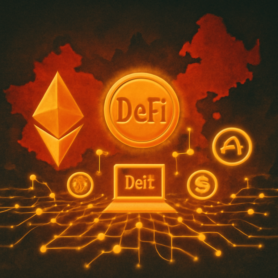 A digital illustration showing decentralized finance platforms and blockchain networks thriving as China’s crypto ban continues.