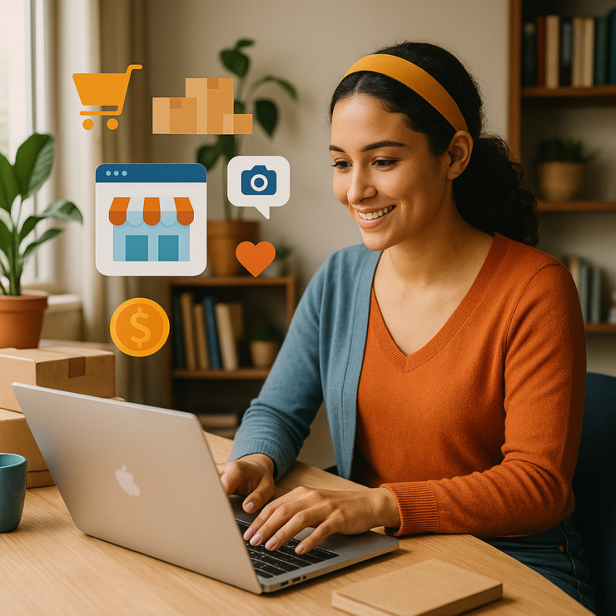  Person working on a laptop at home, starting an online store or freelancing.