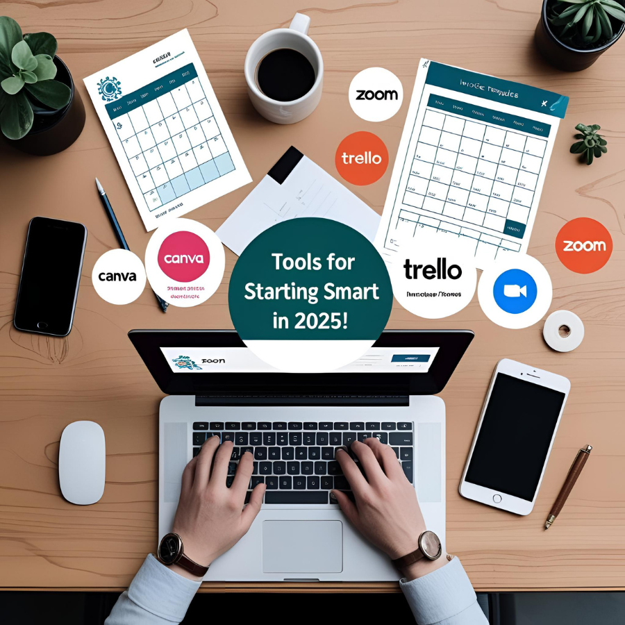 : A desktop filled with affordable tools like a laptop, planner, phone, and online apps.