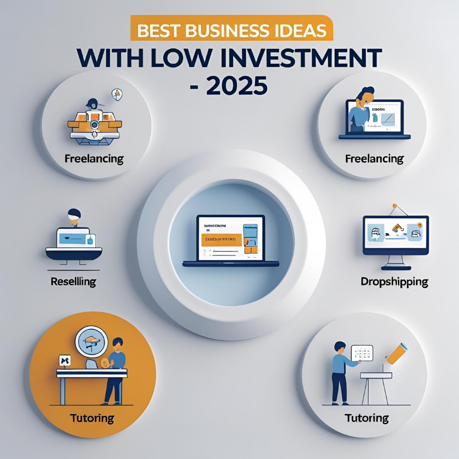  A futuristic business trend board showing low-investment ideas.
