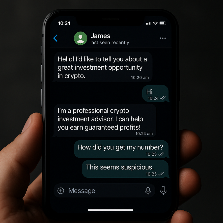 Crypto currency scammer sending fraudulent messages on Telegram"