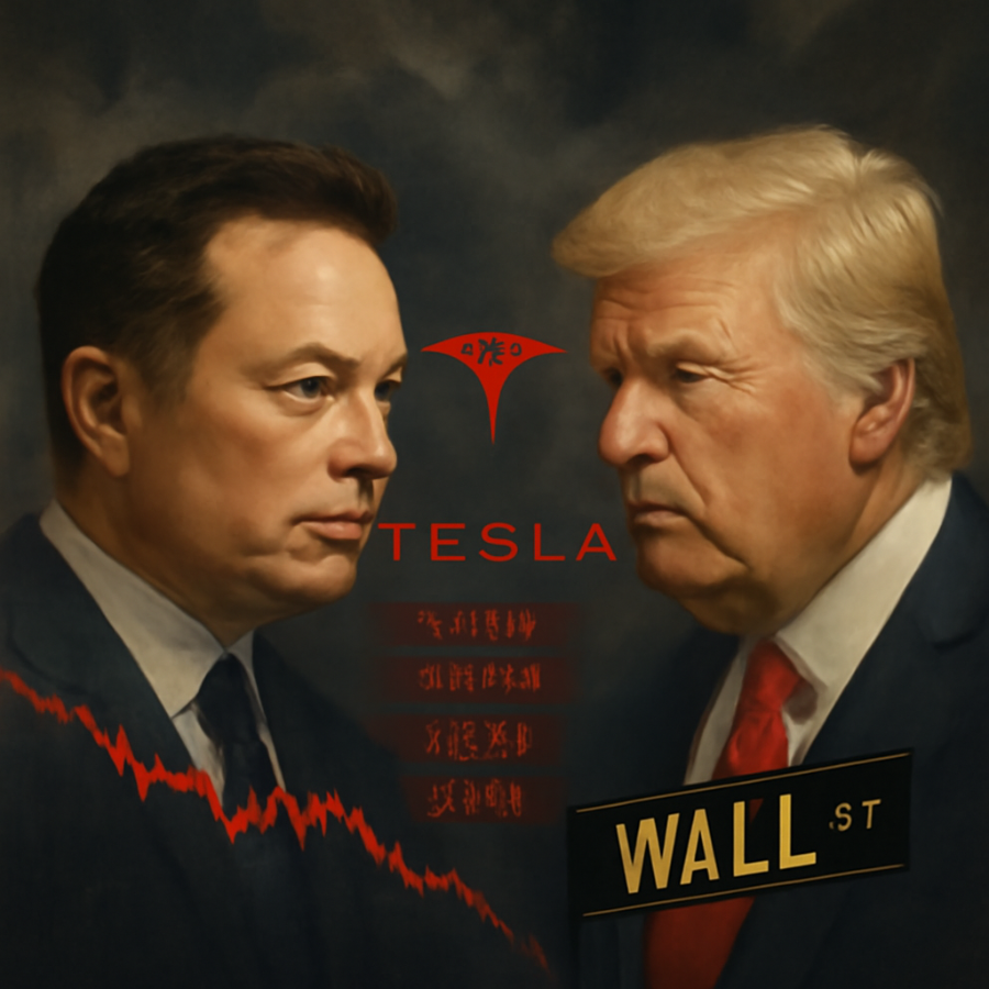 tsla stock crash feature image showing elon musk and trump amid tesla stock price drop
