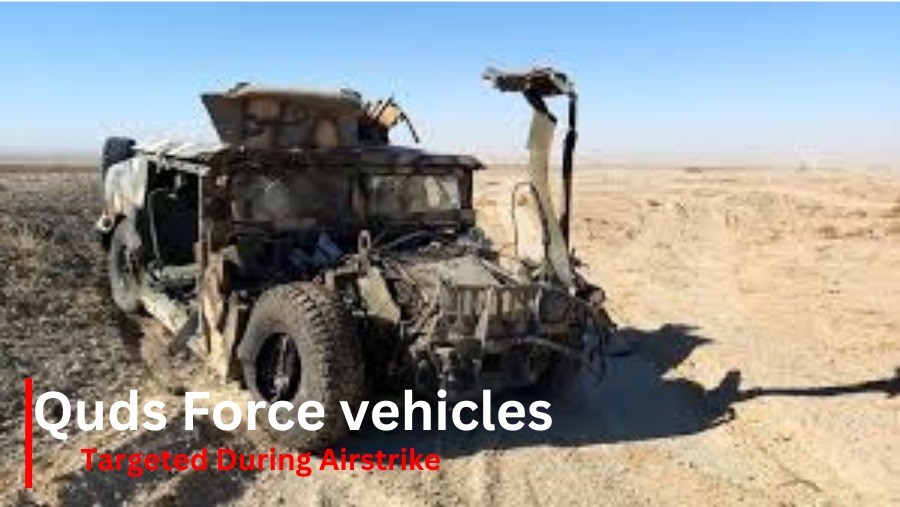 Destroyed Iranian Quds Force convoy after Israeli strike.
